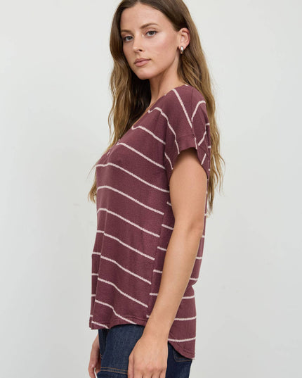 STRIPE V NECK CUFFED SLEEVE KNIT TOP