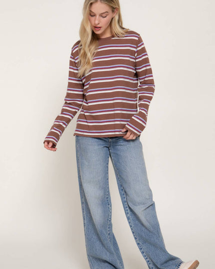 Long Sleeve Crew Neck Y/D Multi Striped Knit Top