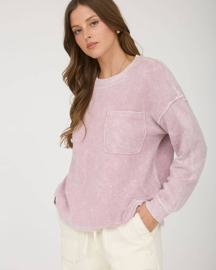 WASHED POCKET DETAIL LONG SLEEVE RIB KNIT TOP
