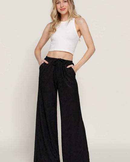 Waistband with String Crinkle Knit Long Pants