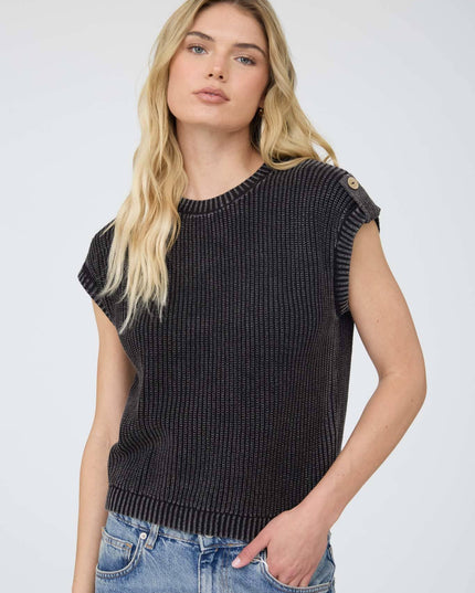 ACID WASHED TAB SLEEVE BACK BUTTON KNIT TOP