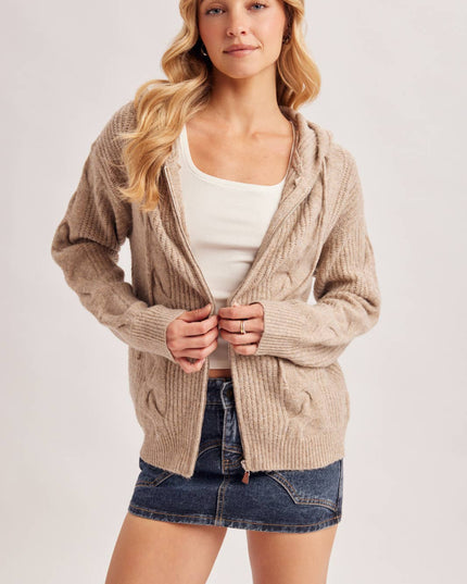 ZIP-UP CABLE KNIT SWEATER CARDIGAN WITH HOOD