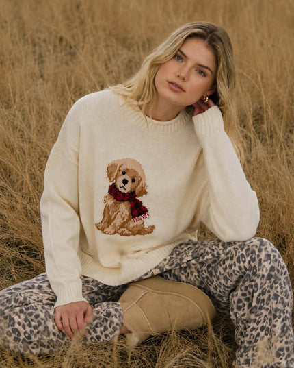 INTARSIA PUPPY CREW NECK RELAXED SWEATER