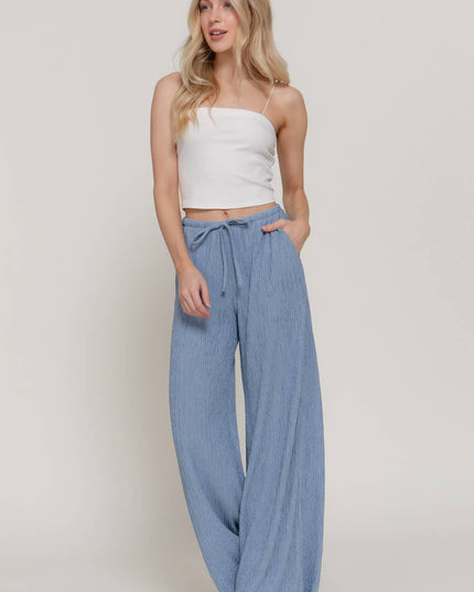 Waistband with String Crinkle Knit Long Pants