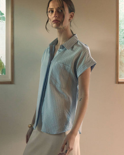 PINSTRIPE SHORT SLEEVE COLLARED SHIRT