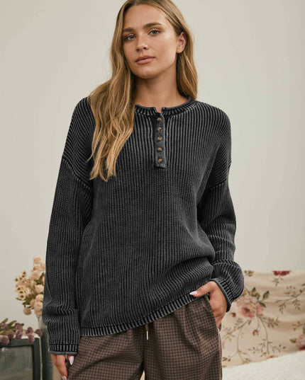 WASHED RIBBED HENLEY DROP SHOULDER KNIT SWEATER