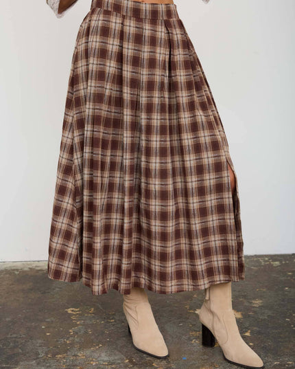 PLAID PLEATED SIDE SLIT MIDI SKIRT