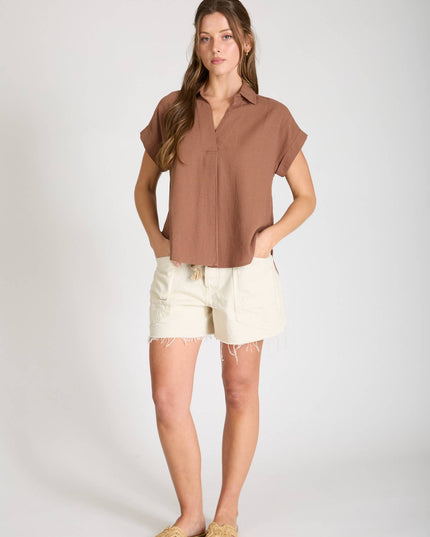 COLLARED SPLIT NECK CUFF SLEEVE U HEM LINEN TOP