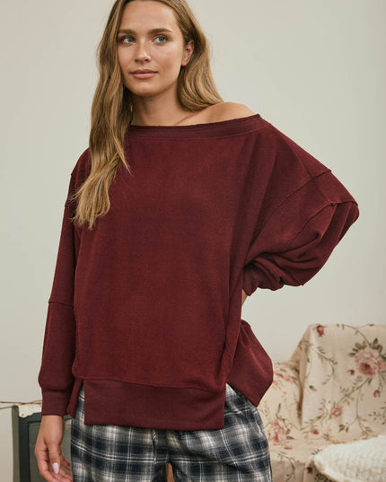 TIERED SLEEVE BOAT NECK EXPOSED SEAM KNIT TOP