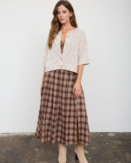 PLAID PLEATED SIDE SLIT MIDI SKIRT
