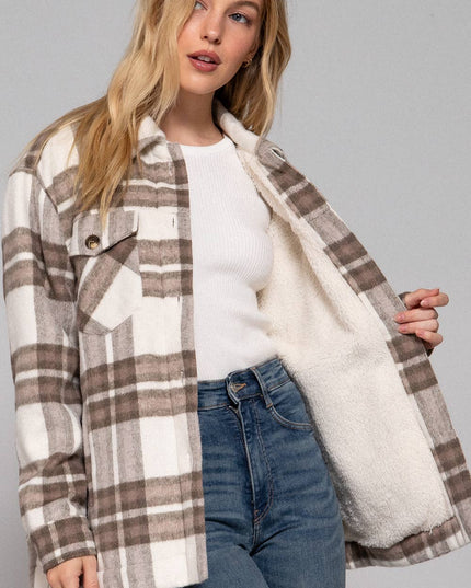 Long Sleeve Inside Faux Fur Brushed Plaid Jacket