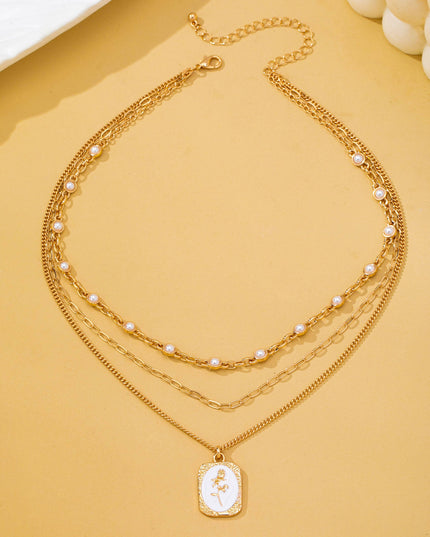 Layered Enamel Pearl & Rose Tag Pendant Necklace | 80N93573