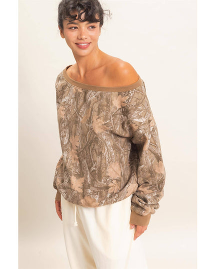 Tree Camouflage Print Off The Shoulder Sweatshirt