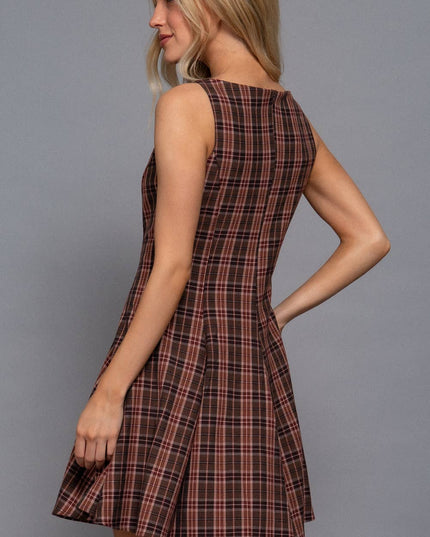Sleeveless Boat Neck Swing Plaid Woven Mini Dress
