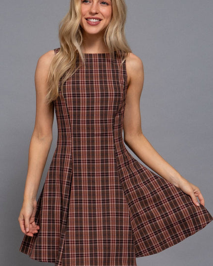 Sleeveless Boat Neck Swing Plaid Woven Mini Dress