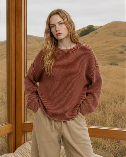 WASHED RIBBED LONG SLEEVE FOLDED CUFF KNIT SWEATER