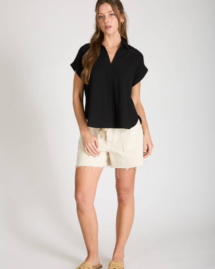 COLLARED SPLIT NECK CUFF SLEEVE U HEM LINEN TOP