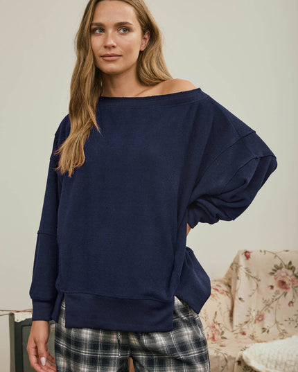 TIERED SLEEVE BOAT NECK EXPOSED SEAM KNIT TOP