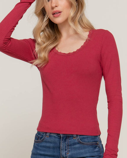 Long Sleeve Scoop Neck with Lace Trim Rib Knit Top
