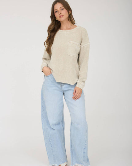 WASHED POCKET DETAIL LONG SLEEVE RIB KNIT TOP
