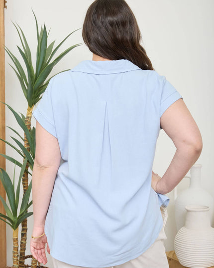 PLUS COLLARED SPLIT NECK CUFF SLEEVE LINEN TOP