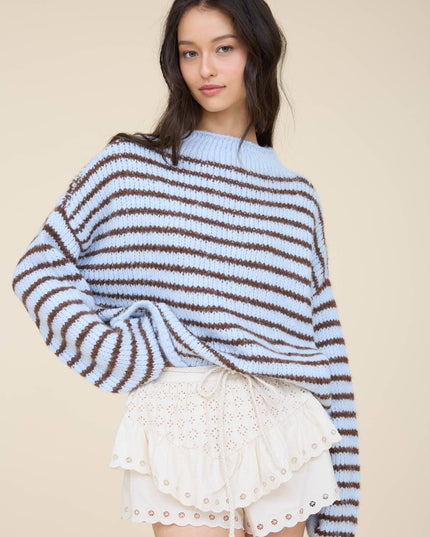 STRIPE ROLLED EDGE DETAIL LONG SLEEVE KNIT SWEATER