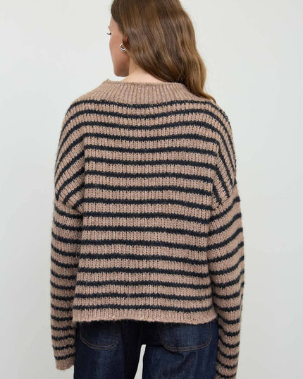 STRIPE ROLLED EDGE DETAIL LONG SLEEVE KNIT SWEATER
