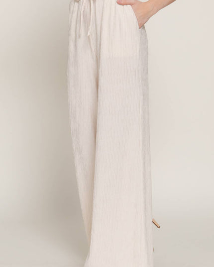 Waistband with String Crinkle Knit Long Pants