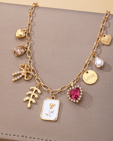 Romantic Pink Heart & Bow Multi-Charm Necklace | 80N93409