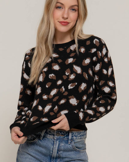 Long Sleeve Crew Neck Animal Jacquard Sweater Top
