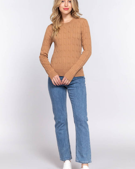 Long Sleeve Round Neck Cable Sweater
