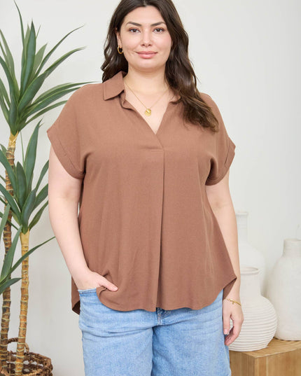 PLUS COLLARED SPLIT NECK CUFF SLEEVE LINEN TOP