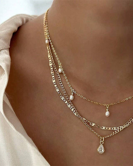 MULTI LAYER STONE CHAIN TEARDROP CHARM NECKLACE | 40NK9637