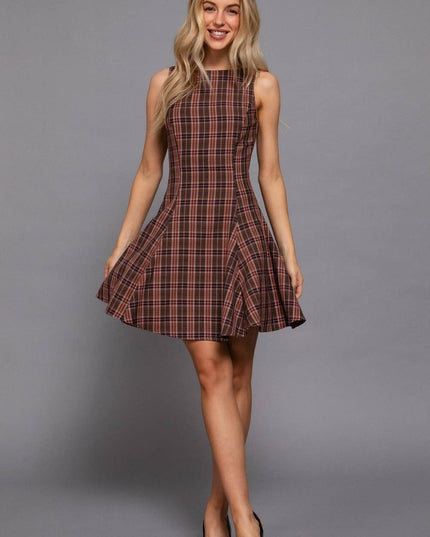 Sleeveless Boat Neck Swing Plaid Woven Mini Dress