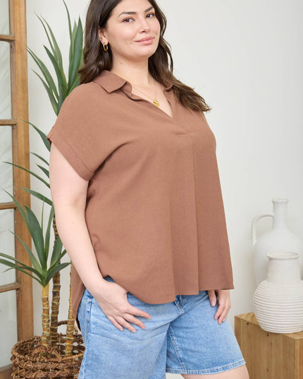 PLUS COLLARED SPLIT NECK CUFF SLEEVE LINEN TOP