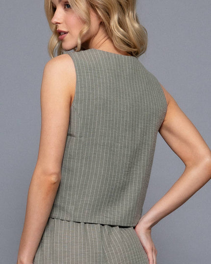 V-Neckline Front Button Closure Linen Effect Vest