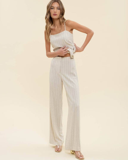 PINSTRIPE WIDE LEG LINEN DRESS PANTS