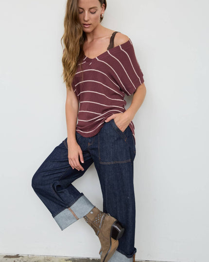 STRIPE V NECK CUFFED SLEEVE KNIT TOP