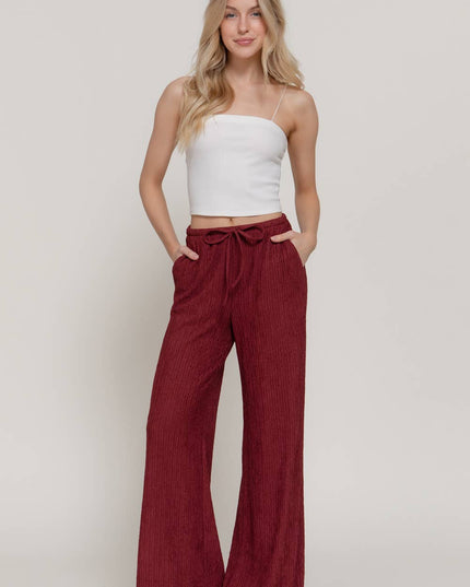 Waistband with String Crinkle Knit Long Pants