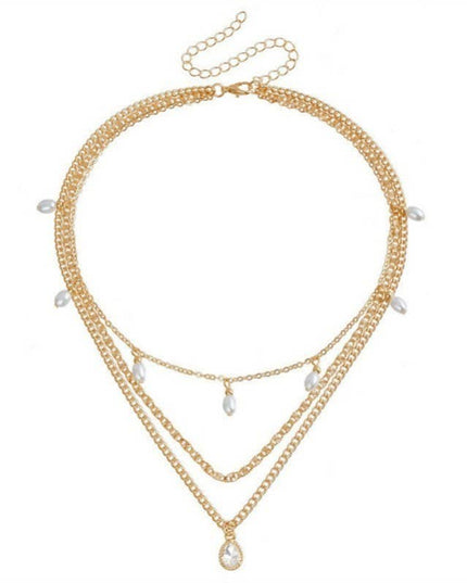 MULTI LAYER STONE CHAIN TEARDROP CHARM NECKLACE | 40NK9637