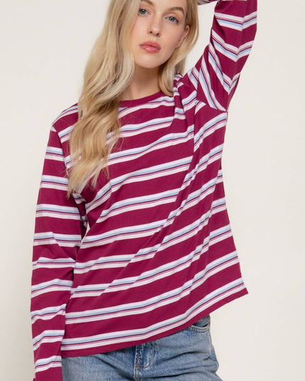 Long Sleeve Crew Neck Y/D Multi Striped Knit Top