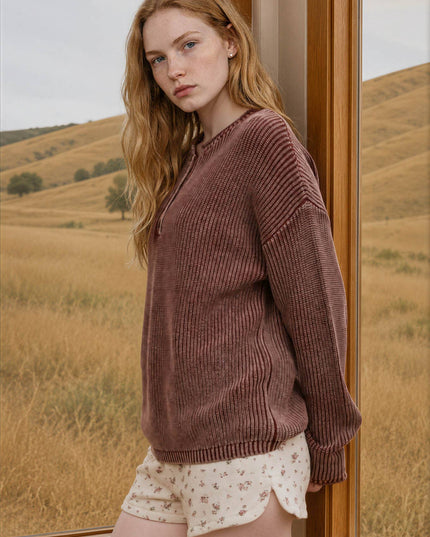 WASHED RIBBED HENLEY DROP SHOULDER KNIT SWEATER