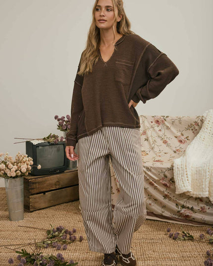 SPLIT NECK RAW EDGE LONG SLEEVE RIBBED KNIT TOP