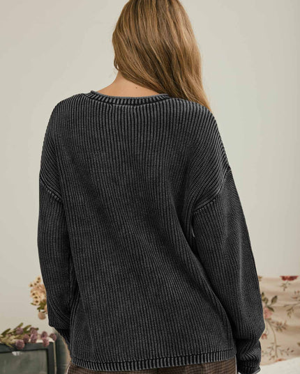 WASHED RIBBED HENLEY DROP SHOULDER KNIT SWEATER