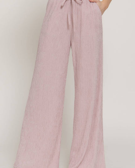 Waistband with String Crinkle Knit Long Pants
