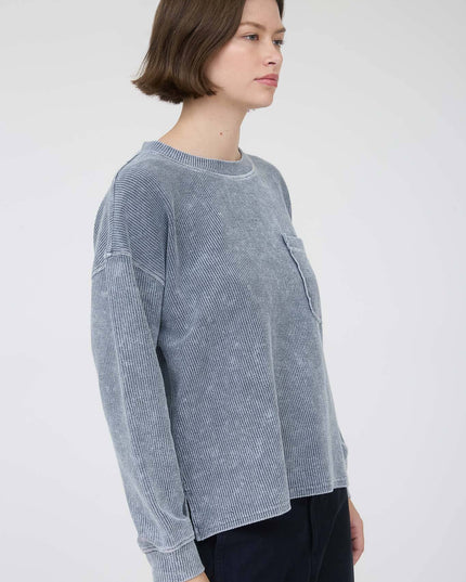 WASHED POCKET DETAIL LONG SLEEVE RIB KNIT TOP