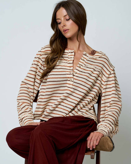 MULTICOLOR STRIPE LONG SLEEVE YOKE DETAIL KNIT TOP