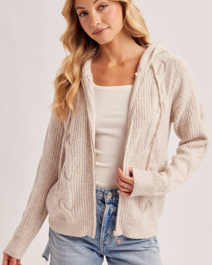 ZIP-UP CABLE KNIT SWEATER CARDIGAN WITH HOOD