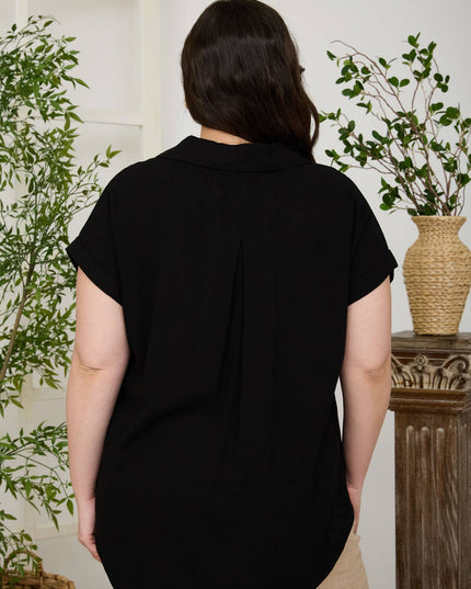 PLUS COLLARED SPLIT NECK CUFF SLEEVE LINEN TOP