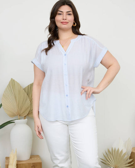 PLUS PINSTRIPE SHORT CUFF SLEEVE BUTTON DOWN SHIRT